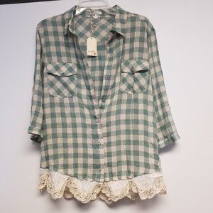 Jodifl Ruffled Bottom Checkered Button Down Sage M